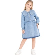 İrem Çocuk Giyim Kız Çocuk Bebe Yakalı Taş Detaylı Yarım Düğmeli Bilekleri Lastikli Midi Boy Mavi Renk Kot Elbise