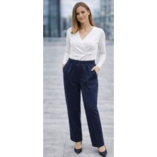 Kadın Lacivert Beli Lastikli Cepli  Pantolon