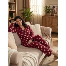 Kadın Kalp Desenli Boydan Düğmeli Polar Pijama Takımı