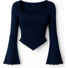 Mycparl Kırmızı Drapeli Kare Yaka Ispanyol Kol Bahar Sonbahar Bluz