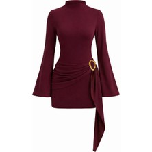 Mycparl Kadın Dik Yaka Toka Detaylı Kuşaklı Toparlayıcı Kalıp Mini Tasarım Elbise