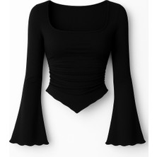 Mycparl Kırmızı Drapeli Kare Yaka Ispanyol Kol Bahar Sonbahar Bluz