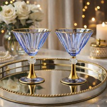Hubart Regalia 2’li Set Lüks Gold Ayaklı Mavi Renkli Cam Tatlı, Dondurma & Kokteyl Sunum Kadehi