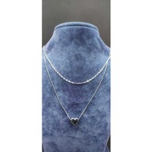 KirLinova Çift Zincirli Kalp Figürlü Gümüş Ton Kolye -Gümüş