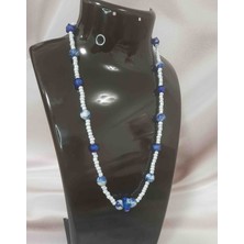 Shine Elagance Mavi Nazar Boncuklu Aralarında Mavi Cam Boncuk Detaylı El Yapımı Kadın Kolye Kapaması Gümüş Rengi Çelik Sevgililer Günü Hediyesi