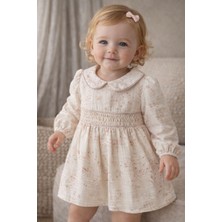 Danuna Kids Kız Bebek Uzun Kollu Gül Dalı Çiçek Desenli Bebe Yaka Pamuklu Tüllü  Astarlı  Vintage Çocuk Elbise - Pudra