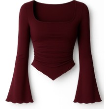 Mycparl Kırmızı Drapeli Kare Yaka Ispanyol Kol Bahar Sonbahar Bluz