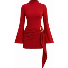 Mycparl Kadın Dik Yaka Toka Detaylı Kuşaklı Toparlayıcı Kalıp Mini Tasarım Elbise