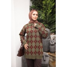 İmaj Butik Haki Polo Yaka Baklava Desenli Triko Kazak