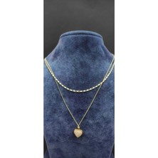 KirLinova Kalp Taş Detaylı Çift Katmanlı Gold Görünümlü Kolye -Altın