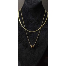 KirLinova Kelebek Figürlü Gold Çift Zincirli Kolye -Altın