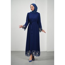 İmaj Butik Lacivert Kol ve Etek Ucu Çiçek Taşlı Abiye