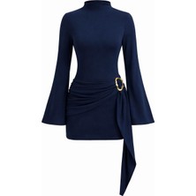 Mycparl Kadın Dik Yaka Toka Detaylı Kuşaklı Toparlayıcı Kalıp Mini Tasarım Elbise