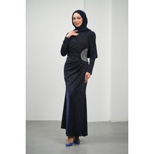 İmaj Butik Lacivert Önü Drapeli Taşlı Abiye