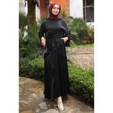 İmaj Butik Siyah Floş Saten Ön Detaylı Bluz Etekli Takım