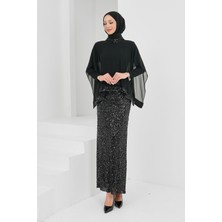 İmaj Butik Siyah Pul Payetli Üstü Şifon Detaylı Abiye