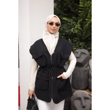 İmaj Butik Siyah Bel Bağlamalı Cepli Astarlı Gabardin Yelek