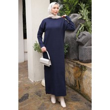 İmaj Butik Lacivert Dik Yaka Fitilli Triko Elbise