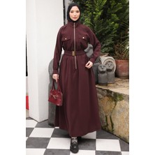 İmaj Butik Mürdüm Fermuarlı Lastik Kemerli Elbise