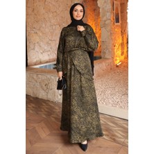 İmaj Butik Haki Desenli Ön Bağlamalı Saten Bluz Etekli Takım