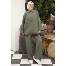 İmaj Butik Haki Yaka Düğmeli Tunik Pantolonlu Takım