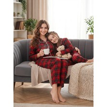 Anne Kız Çocuk ( Ayrı Satılır) Kırmızı Ekoseli Boydan Düğmeli Pamuk Süet Pijama Takımı