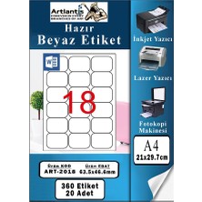 Artlantis A4 18 Li Hazır Etiket 63.5X46.6 mm 20 Sayfa 1 Paket Kendinden Yapışkanlı Fotokopi Lazer Inkjet Kağıdı Yazıcılar Için