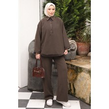 İmaj Butik Kahverengi Yaka Düğmeli Tunik Pantolonlu Takım