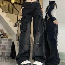 Harmony Factory Siyah Yıldız Yamalı Vintage Kargo Cepli Baggy Kot Pantolon