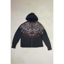 Harmony Factory Siyah Affliction Wing Tribal Harajuku Y2K Kapüşonlu Unisex Hırka
