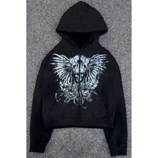 Harmony Factory Siyah Vintage Gothic Skull Kapüşonlu Unisex Hırka