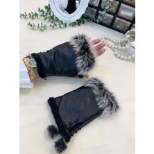 Zbteks Peluş Kürk Detaylı Taşlı Bileği Sıcak Tutan Parmaksız Kesik Eldiven