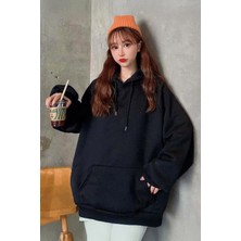 Harmony Factory Düz Oversize Kalın Siyah Kapüşonlu Unisex Sweatshirt