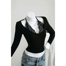 Harmony Factory Siyah Bağlamalı Dantelli Ekli Gotik Y2K Uzun Kollu Crop