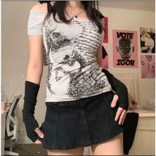 Harmony Factory Ekru Skulls Letter Love Body Cyber Grunge Madonna Yaka Y2K Kısa Kollu Crop