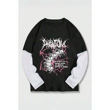 Harmony Factory Siyah Phantom Beyaz Kollu Y2K Uzun Kollu