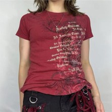 Harmony Factory Kırmızı Skull Life Cyber Gotik Grunge Y2K Kısa Kollu Crop