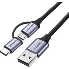 Delixa 2'si 1 Arada Örgülü Type-C Micro USB Şarj ve Data Kablosu 1 Metre