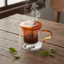 Delixa Borosilikat Cam Bitki Çayı Demleme Kupası | Cam Süzgeçli ve Cam Kapaklı Fincan | 350 ml | Tek Kişili