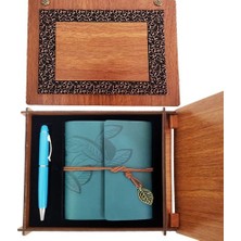 Luord-Store Ahşap Kutulu Mavi Deri Defter Kalem Seti