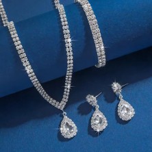 Fm Gümüş Renk Su Yolu Kolye Küpe Bileklik Seti - Damla Kesim Zirkon Taşlı Abiye Takı Seti
