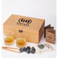 Delixa 60 Yaş Tasarımlı Ahşap Kutulu 2'li Glasgow Viski Kadeh Seti + 6 Soğutucu Taş