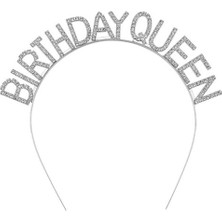 Luord-Store Gümüş Renk Kristal Taşlı Parlak Birthday Queen Yazılı Kraliçe Taç 16X17 cm
