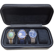 Deri 4 Lü Saat Çantası Kutusu Fermuarlı Ahşap Kasalı Haki)