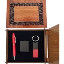 Luord-Store Ahşap Kutulu Kırmızı Kalem Anahtarlık ve Çakmak Set