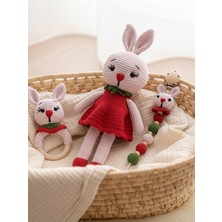 Amigurumi Tavşan Yeni Doğan Bebek Seti - Uyku Arkadaşı, Ahşap Çıngırak ve Emzik Askısı