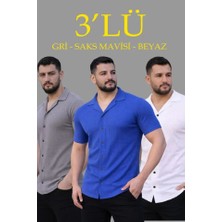 Pazarcan Erkek Waffle Dokuma Açık Yakalı Düğmeli Regular Kalıp 3’lü Gömlek Seti - Gri, Saks Mavisi, Beyaz