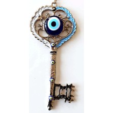 Luord-Store Gümüş Kaplama Nazar Boncuklu Beyaz ve Mavi Nostaljik Anahtar Şekilli Duvar Süsü