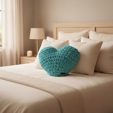 Ayona El Örgüsü Mavi Puffy Kalp Yastık - Ultra Yumuşak Hediyelik Dekoratif Yastık 44X40 cm