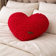 Ayona El Örgüsü Kırmızı Puffy Kalp Yastık - Ultra Yumuşak Hediyelik Dekoratif Yastık 44X40 cm